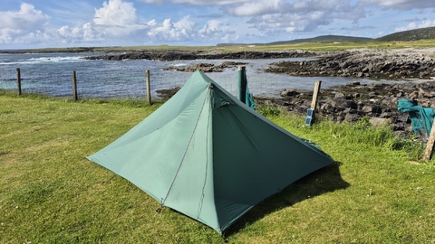 My tent on the Borve campsite, a great view out to sea